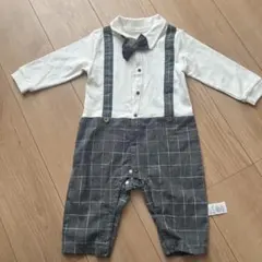 ボウタイ付きグレーのチェックオールインワン