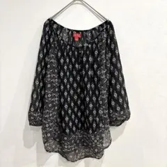 エル フラワー 総柄 チュニック ブラウス M 黒 白 ポリエステル 七分袖長袖のサムネイル