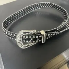 ストーン付き黒レザーベルト C型バックル