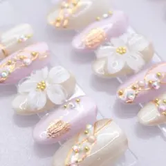 524ネイルチップSサイズ 韓国上品 立体フラワー ビジュー マグネット　ピンク