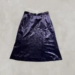 ひざ丈Aライン スカート ベロア素材 バラ柄 総柄 レトロ 光沢感 古着