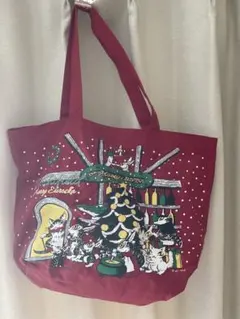 クリスマス猫トートバッグ バーガンディ