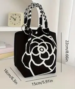 【新品】ニットバッグ❤️バラ❤️黒ブラック　ハンドバッグ　春夏秋冬　サブバッグ