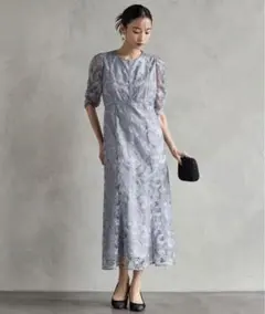 【美品】エメ　チュールエンブロイダリーレースパイピングパーティードレス　結婚式M