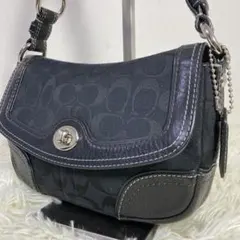 【美品 希少】コーチ ショルダーバッグ 本革 黒 シグネチャー ターンロック