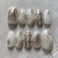 No.11 オーダーネイルチップ リボン フラワー ブラウン 春 ガーリー