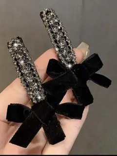 リボン ヘアピン ブラック 2個セット shein