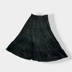 ウエストゴム ストレッチ ベロア ティアード ロングスカート ブラック L
