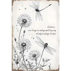 新品 たんぽぽ トンボ 英語 メッセージ ブリキ看板 北欧風 モノクロインテリア