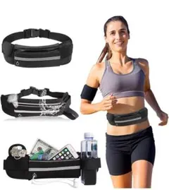 ランニングポーチ 軽量 防水 揺れない ウエストポーチ 黒