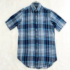 【現行品】ラルフローレン リネン100% 半袖シャツ チェック ブルー XS 麻