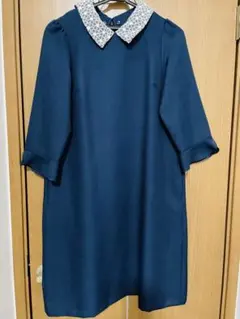 クチュールブローチ ネイビー Aライン ワンピース 七分袖 レース襟