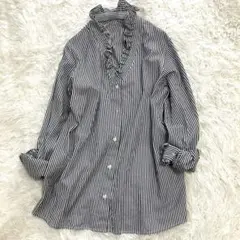 スローブイエナ 23ss Vネック スタンド フリルブラウス ストライプ 黒白