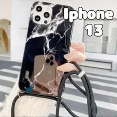 iphone13 ストラップ付スマホケース大理石柄花崗岩ブラック紐ショルダー