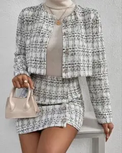 ツイード ホワイト セットアップ ジャケット ミニスカート 長袖