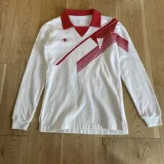 チャンピオン　長袖ポロシャツ　ホワイト×レッド　スポーツ　レトロ　ゲームシャツ