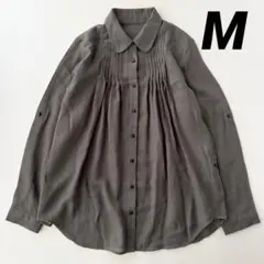 レディース　エスタコット　ピンタック　長袖　チュニック　ブラウス　丸襟　M