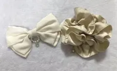 シルク　シャンパンゴールド　シュシュ＆リボン　セット　ハンドメイド