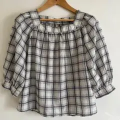 GU チェックブラウス スクエアネック バルーン袖　Lサイズ　ゆったり