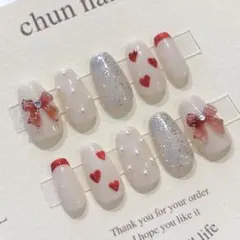 ネイルチップ　韓国ネイル　ワンホン　マグネットフレンチ　リボン　赤ネイル　ハート