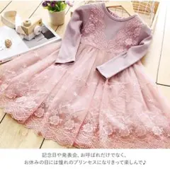 新品　花柄刺繍 チュールドレス120cmピンク 長袖ワンピース プリンセスのサムネイル