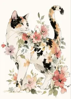 一作限り】桜舞う桃波の三毛猫 三毛猫 猫 和風 桜 ピンク 癒し L140