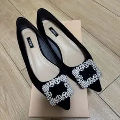 OHGA ビジュー付き黒フラットシューズ　23.5