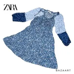 ZARA ザラ 花柄 パフスリーブ ティアード ワンピース ブルーM チュニック