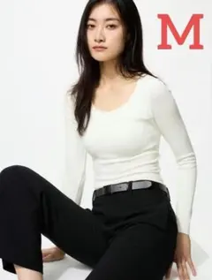 新品 ユニクロ / 極暖ヒートテックリブUネックブラTシャツ（白・Mサイズ）
