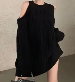 ニットワンピース ブラック 肩出し オープンショルダー リブ チュニック 長袖