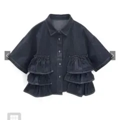 ダークデニム フリル付き五分袖シャツ