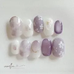 【ネイルチップ】淡色ラベンダーのフラワーネイル/紫陽花ネイル/マグネットネイル