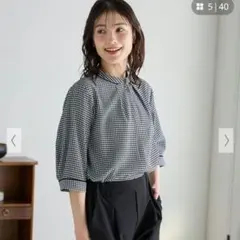 Honeys 6分袖配色ブラウス ギンガムチェック