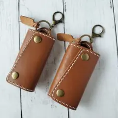 ハンドメイド　レザー　キーケース　2個　本革　　キャメル　ペア　セット