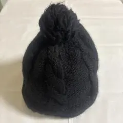 CA4LA 黒 ケーブル編み ニット帽 ポンポン付き ウール100%
