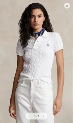 ホワイト ケーブルニット ポロシャツ 半袖　ポロラルフローレン