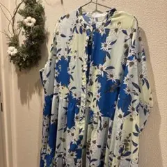 ロング丈ワンピース ボタニカル柄 XL 白 長袖 マキシ丈 ラウンドネック 