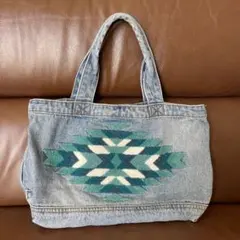 デニムトートバッグ 青緑模様