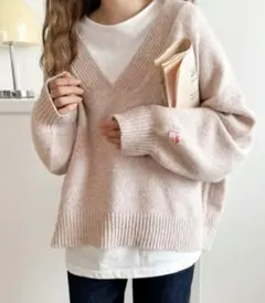 《JaVaジャバ コラボ》ミックスカラーディープVネックニット　Lサイズ