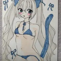 【一点物】オリジナル手描きイラスト　アナログイラスト　海辺の猫耳女の子　原画 オリジナルイラスト 手描き アナログイラスト 女の子 原画 猫耳 ビキニ