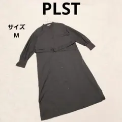 PLST キュプラバンドカラーシャツワンピース M グレー ベルト ポケット