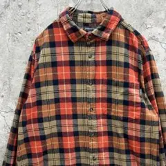 エディーバウアー　長袖　チェックシャツ　ネルシャツ　古着　オレンジ　ベージュ　L
