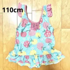 110cm 女の子用 ワンピース水着 リンゴ柄 水色