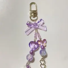 ハンドメイド ビーズチャーム パープル リボン クラゲ