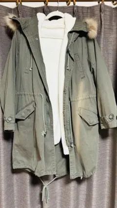 オリーブグリーン モッズコート ファー付き