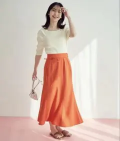 オレンジ ロングスカート 共布ベルト付きのサムネイル