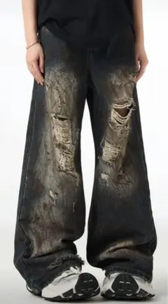 ダメージ加工 ワイドレッグデニムパンツ L