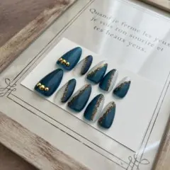 青と白のマグネットネイルチップ10個セット　アーモンド