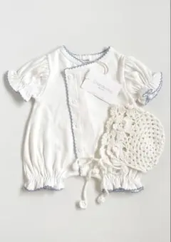 【monbebe】 アイレットブルーグローリーロンパース(半袖) ボンネット