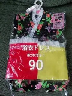 90★新品　浴衣ドレス　帯2本付き！　女の子　甚平　夏祭り　黒×フリルレース×花